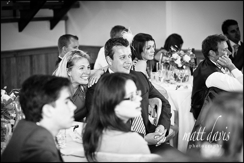 Wedding guests expressions during wedding speeches at Delbury Hall 