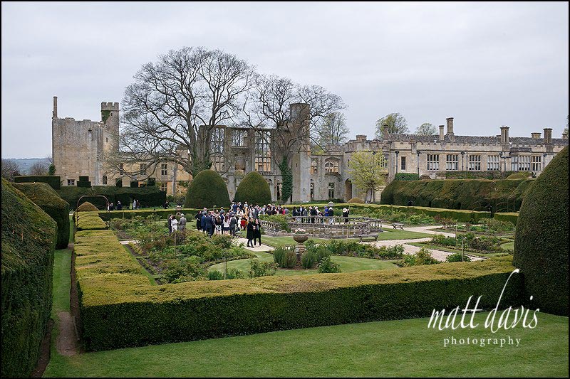 Wedding drinks reception at Sudeley Castle in the rose garden.